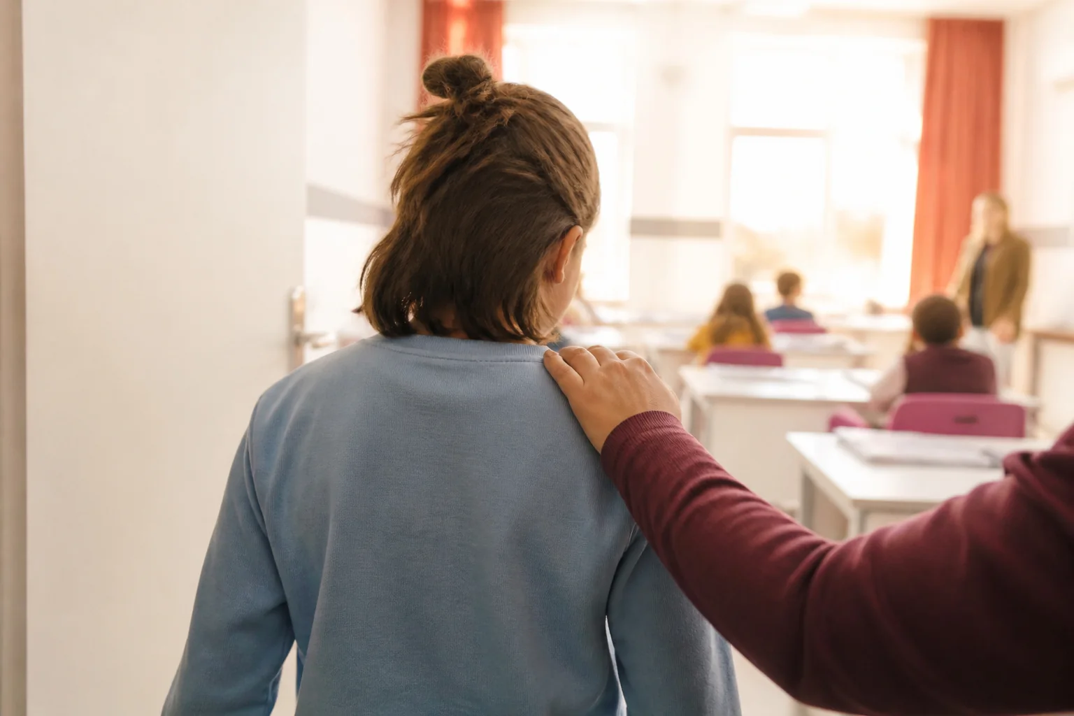 Uzun saçlarını yarım toplamış, açık mavi sweatshirtlü on bir yaşında bir çocuk öğretmeninin eli omzunda bir sınıfa giriyor; ikisi de arkadan görünüyor