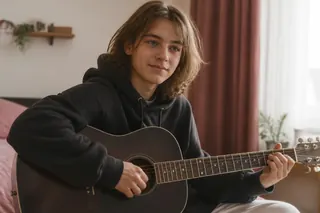 Omuz hizasında düz saçlı, bol siyah kapüşonlu on altı yaşında bir genç öğleden sonra perdelerden süzülen ışıkta odasında yeniden gitar çalıyor, yüzünde hafif bir gülümseme var