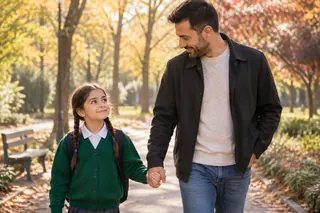 Yeşil okul hırkalı altı yaşındaki bir çocuk sonbahar yapraklarıyla kaplı sakin bir park yolunda babasının elini tutarak rahat adımlarla yürüyor