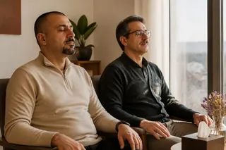 Kısa saçlı, keçi sakallı ve bej kazaklı bir psikiyatrist, pencereye dönük iki sandalyede bıyıklı, gözlüklü ve gri hırkalı bir adamın yanında oturuyor; ikisi de gözleri yarı kapalı yavaş nefes çalışması yapıyor