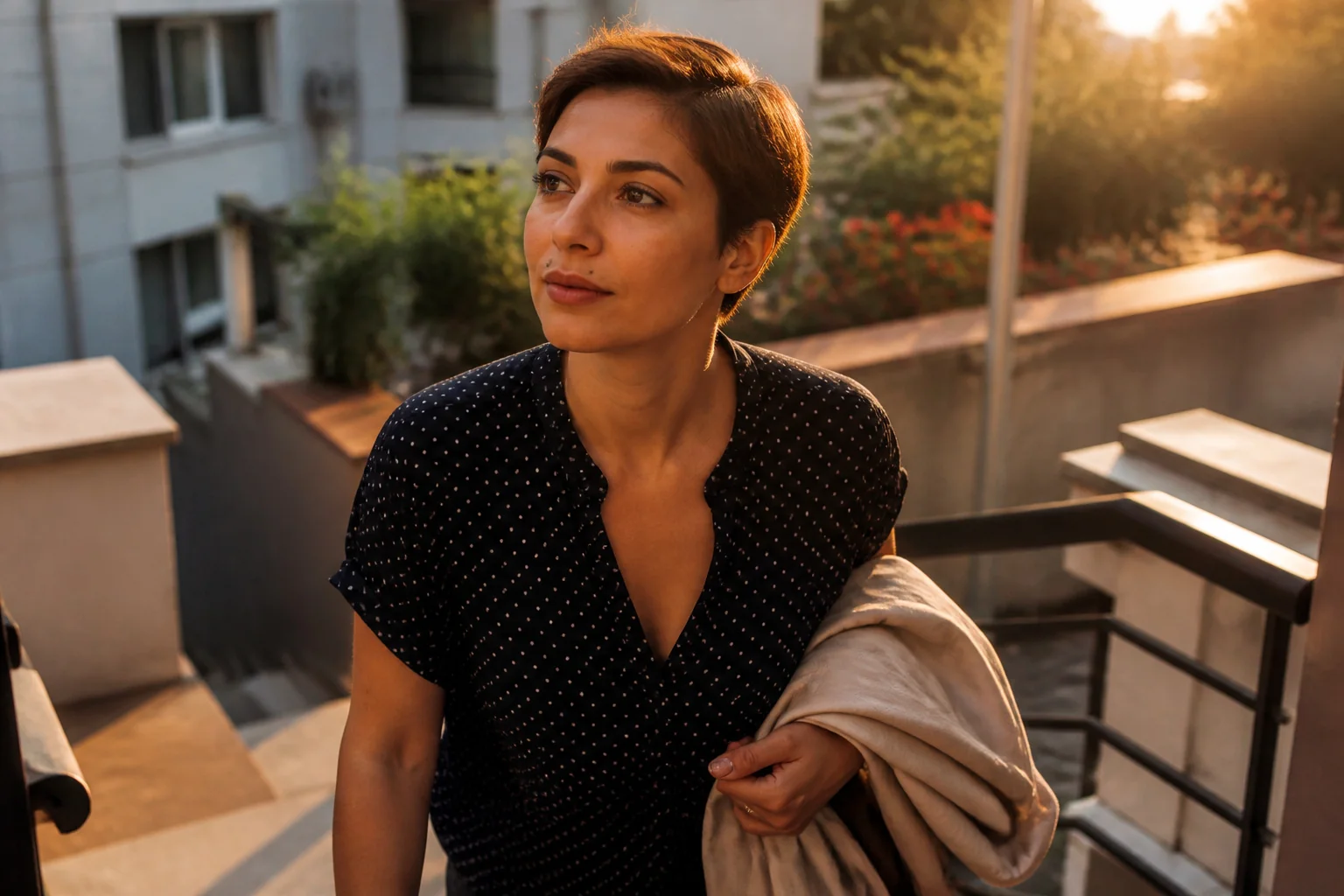 Kısa açık renk saçlı, puantiyeli lacivert bluzlu bir kadın kolunda hafif bir ceketle modern bir apartmanın merdivenlerini çıkıyor